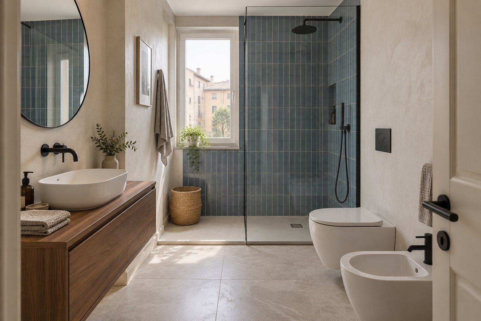 Esempio di bagno con doccia rivestita in blu e mobile in noce
