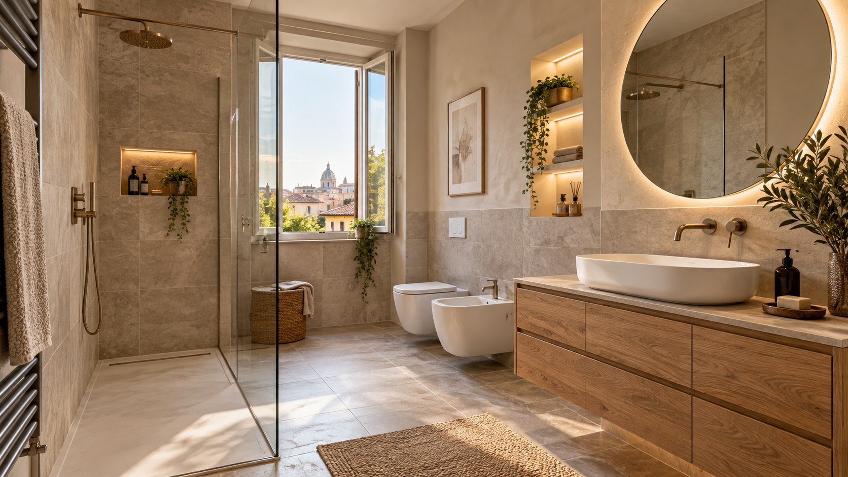 Esempio illustrativo di bagno contemporaneo con doccia, mobile in rovere e rivestimenti chiari