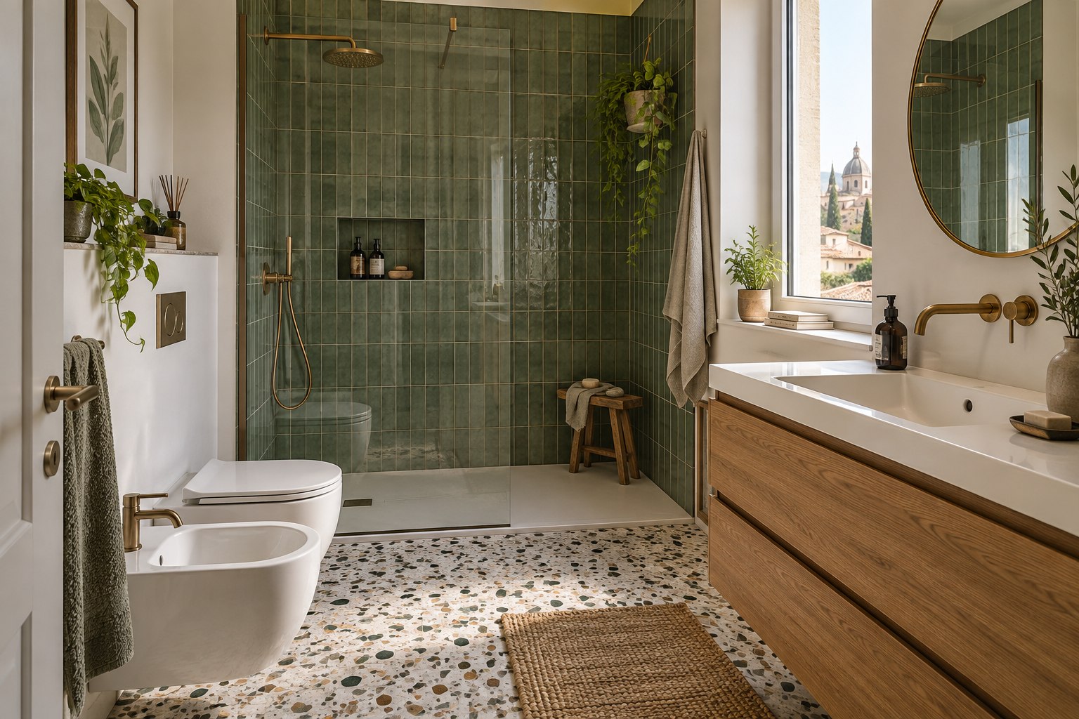 Esempio di bagno con rivestimenti verdi, doccia e mobile in legno