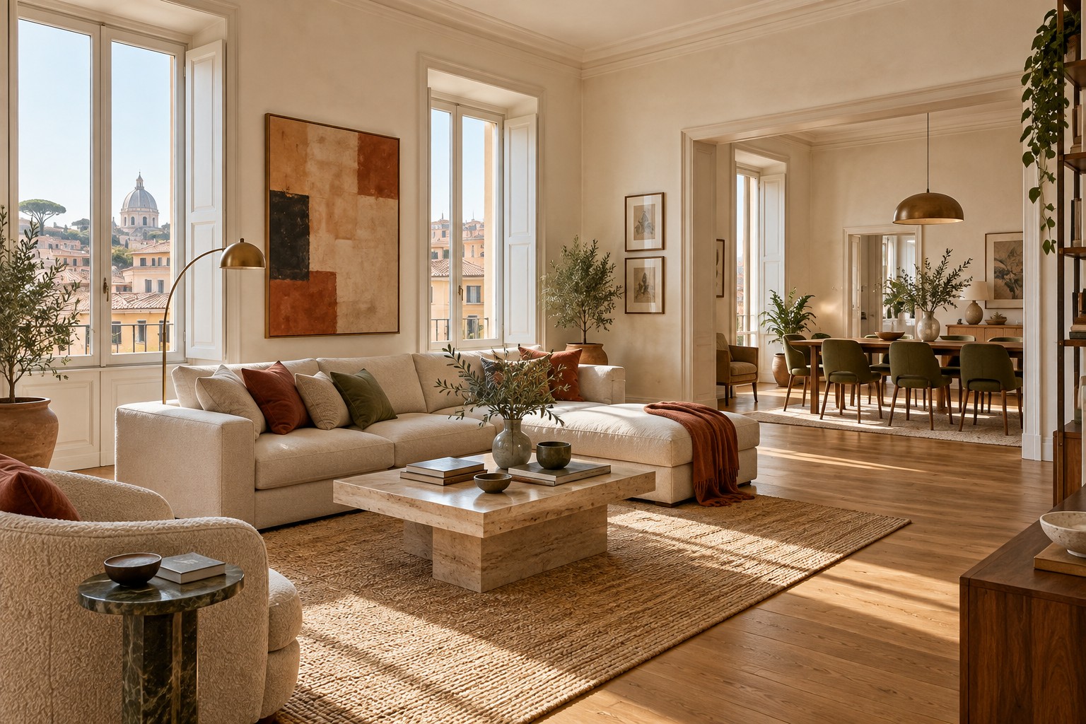 Esempio illustrativo di zona giorno contemporanea con pavimento in legno e materiali naturali
